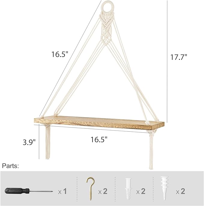Mkono Artificial Ivy Macrame Hanging Shelves with Lights Set of 2 Boho Wall Decor Display Plants Photos Wood Floating Storage Shelf for Bedroom Bathroom Living Room Nursery Dorm Kitchen, White