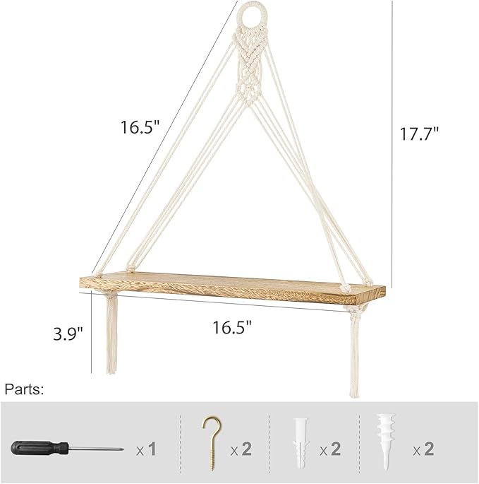 Mkono Macrame Wall Decor 4 Piece Set, 2 Pcs Macrame Wall Hanging Art Boho Wall Decor and 2 Pcs Hanging Shelves Wood Floating Storage Shelf for Bedroom Bathroom Living Room Nursery Dorm Room