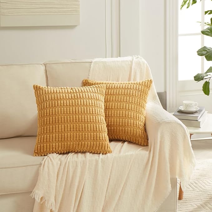 Fancy Homi 4 Packs Mustard Yellow Decorative Throw Pillow Covers 20x20 Inch for Living Room Couch Bed Sofa, Rustic Farmhouse Boho Home Decor, Soft Plush Striped Corduroy Square Cushion Case 50x50 cm