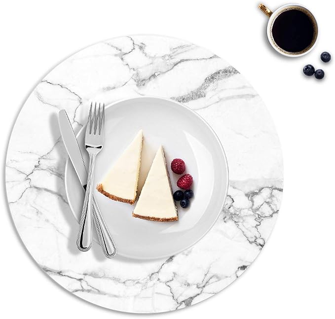 Round Leather Placemats Set of 4 PU Waterproof Non-Slip Washable Heat Resistant Place Mat for Kitchen Dining Table - Marble White
