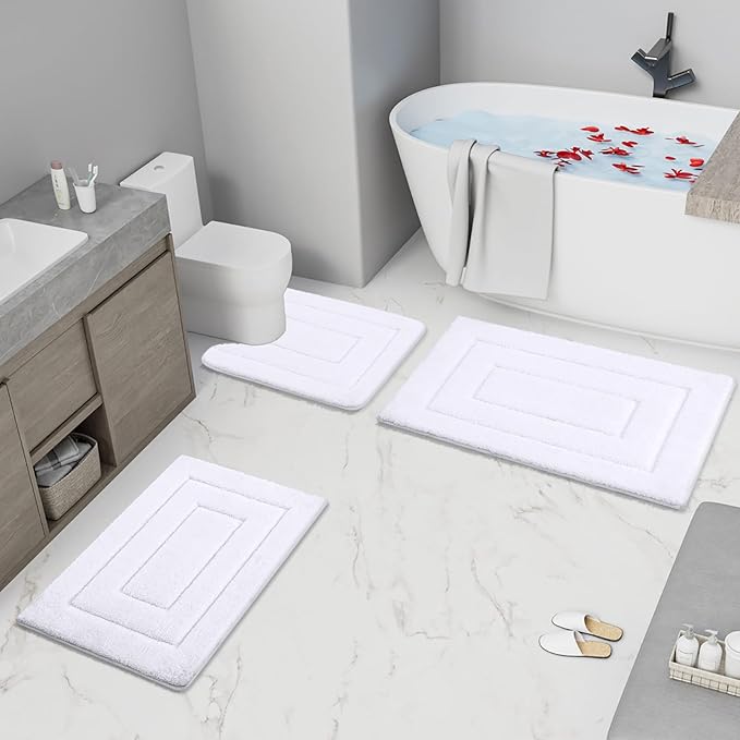 Buganda Bathroom Rugs, 30" x 20", Soft and Absorbent Microfiber Bath Rugs, Non-Slip Shaggy Shower Carpet, Machine Wash Dry Bath Mats for Bathroom Floor, Tub and Shower, White