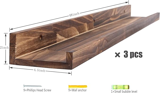 MBYD 48 Inch Picture Ledge Shelf Set of 3, Wall Mount Carbonized Burnt Black Floating Wall Shelves Photo Ledge Natutal Pine Wood for Bedroom, Living Room, Office, Kitchen, Bathroom Same Dimensions