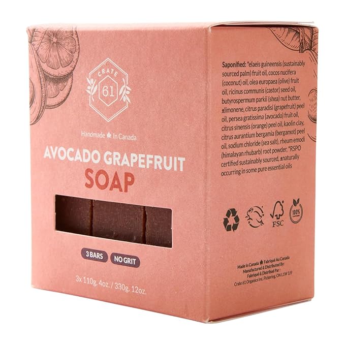 Handmade in Canada, Plant Based Cold Process Natural Bar Soap For Face And Body, With Premium Essential Oils, For Men And Women 3 Pack (Avocado Grapefruit)