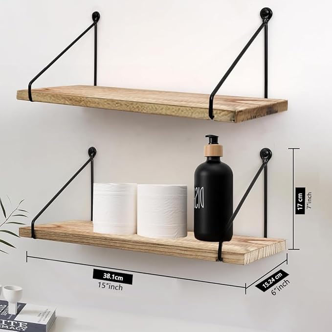 Floating Wall Shelves – Rustic Mango Wood Wall Shelves for Room Decor & Storage, Wall Mounted Hanging Shelves for Books, Bathroom, Kitchen, Living Room – Set of 2 (15×6×1 Inches)