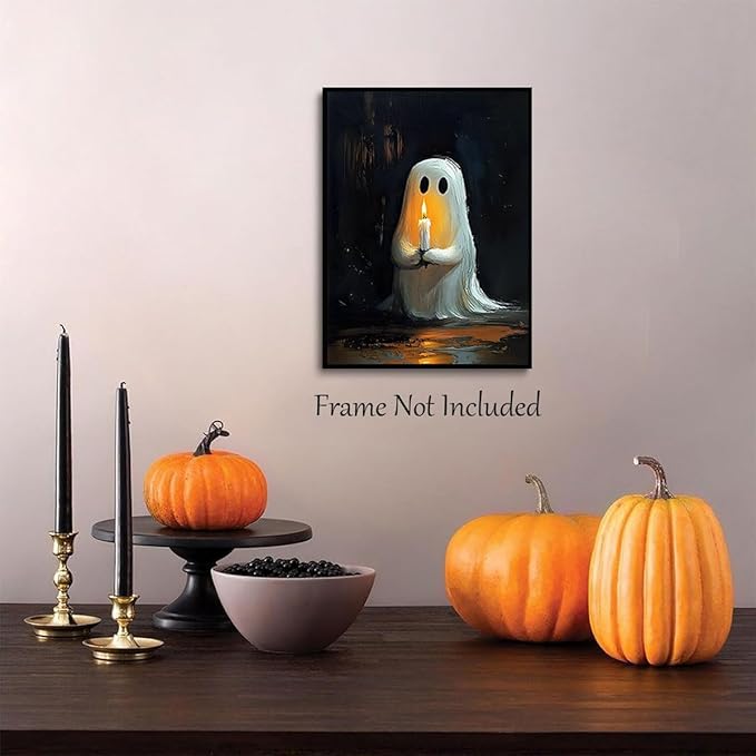 ILLBDR Cute Ghost Canvas Wall Art Halloween Decor Vintage Painting, Spooky Silhouette Ghost Holding Candle Haunted House Art, Bedroom Gothic Decor Ready to Hang, 16x24 Inch Unframed