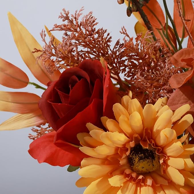 Silk Flowers with Vase, Artificial Flowers Arrangement with Glass Vase Faux Rose Daisy for Decoration Table Centerpiece (Daisy Orange)