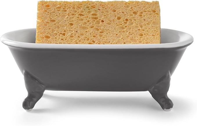 6.5" Ceramic Mini Decorative Clawfoot Bathtub Bar Soap Dish, Kitchen Sponge Holder and Shower Tray for Bathroom, 1 Pack(Stone Gray)