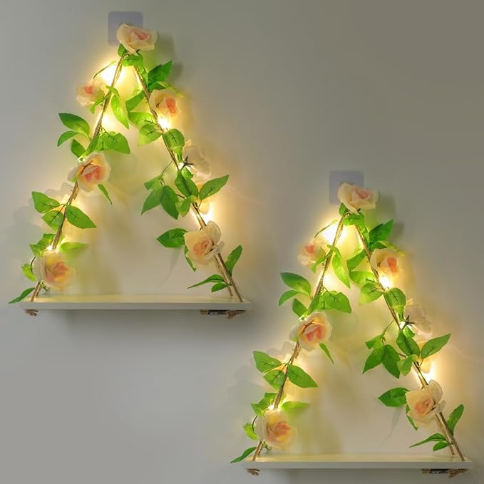 Shelf for Wall,Floating Shelves,Floating Shelves for Wall No Drilling,Adhesive Shelves,Command Strip Shelf,Bedroom Decor Aesthetic,Room Decor Aesthetic,2-Piece Set(Champagne Flower)