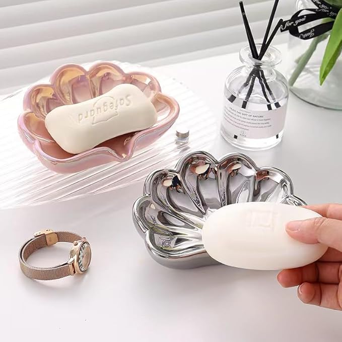 Seashell Ceramic Soap Dish for Bathroom - Efficient Drainage System Prevents Soap Melting, Non-Slip Base with Jewelry Holder, Crack-Resistant Shower Safe Design (White)