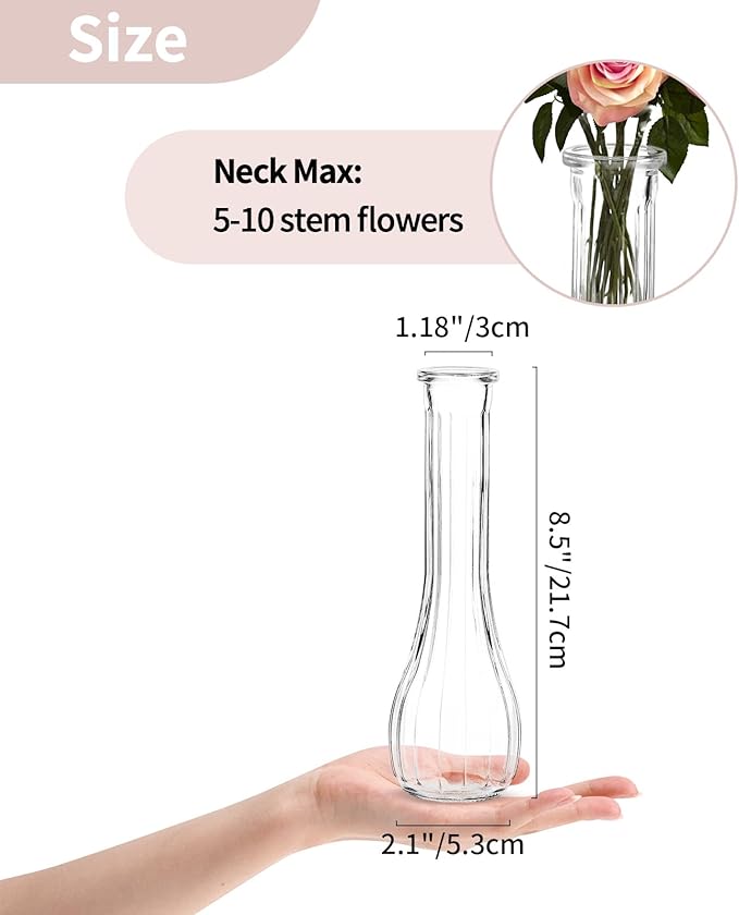 NUPTIO Glass Bud Vases Centerpiece: 3 Pcs Small Flower Vase for Wedding in Bulk - Cute Clear Ribbed Vase for Party Events Home Table Decor
