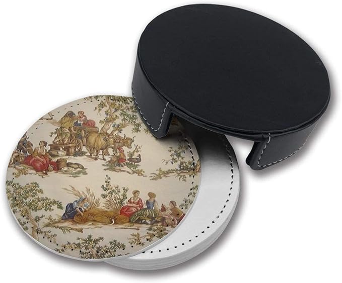 Vintage French Country Print Coasters for Drinks with Holder Leather Coasters Set of 6 Table Decor Protect Furniture from Water Marks Scratch and Damage