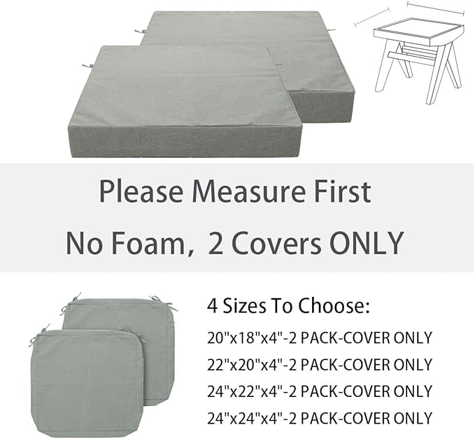 FUNHOME Outdoor Cushion Covers 24 x 24 x 4 inch,Set of 2,Replacement Square Seat Cushion Cover for Patio Furniture Chair,Water Resistant,Fade-Resistant Slipcover Only,No Insert(Light Gray)