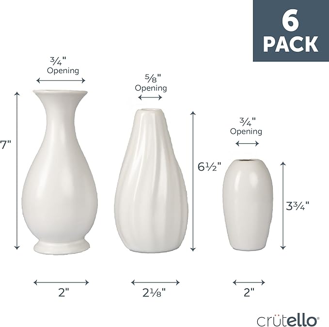 Crutello Ceramic Vase Set of 6 White Decorative Glossy Vases - Classic Small Bud Vases for Classic Decor, 6 Pack White Small Bud Vase, Perfect for Any Event Decoration