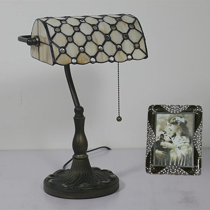 Tiffany Style Bankers Table Lamp Stained Glass Piano Desk Lamp Vintage Bedroom Bedside Lamp for Study,Antique Alloy Base,Zipper Switch,Beige