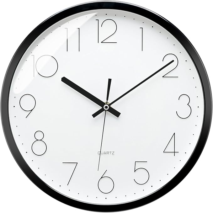 Plumeet Black Wall Clock Non Ticking Silent Quartz Round Clock Decorate Bedroom Home Kitchen Office - Battery Operated (White)