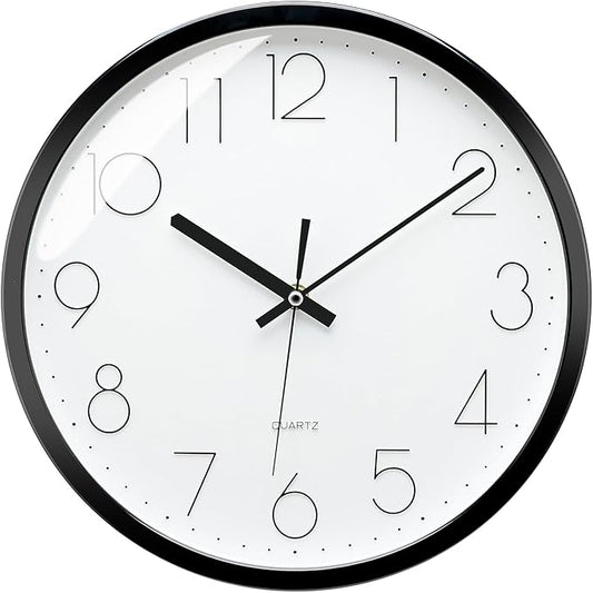 Plumeet Black Wall Clock Non Ticking Silent Quartz Round Clock Decorate Bedroom Home Kitchen Office - Battery Operated (White)