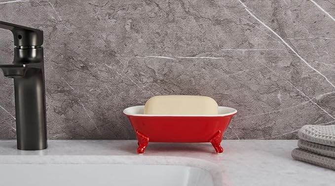 6.5" Ceramic Mini Decorative Clawfoot Bathtub Bar Soap Dish, Kitchen Sponge Holder and Shower Tray for Bathroom, 1 Pack(Chili)