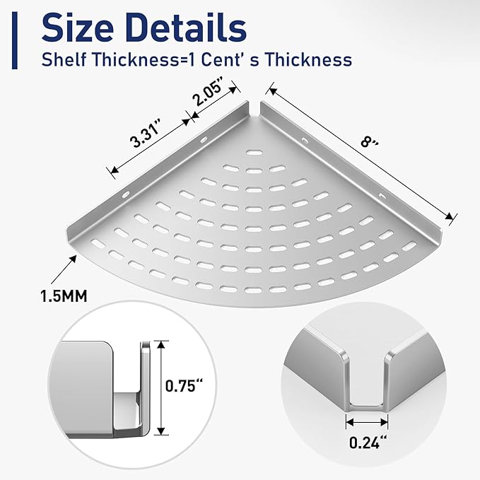 Corner Shower Shelves 304 Stainless Steel Brushed Nickel Shower Corner Shelf 8in Shower Shelves Drilling Installation Strong Load-Bearing Capacity