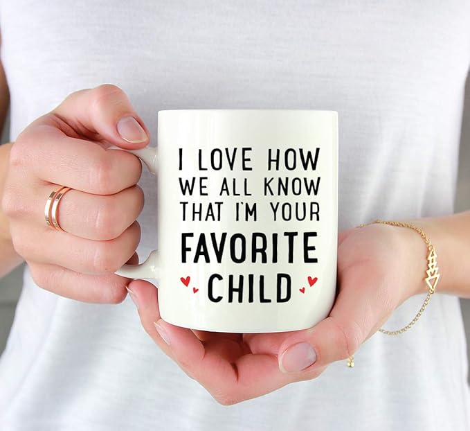 Andaz Press Valentine’s Day Funny 11oz. His Her Couples Coffee Mug Gift, I Love How We All Know That I'm Your Favorite Child, Heart Graphic, 1-Pack, Gift Box