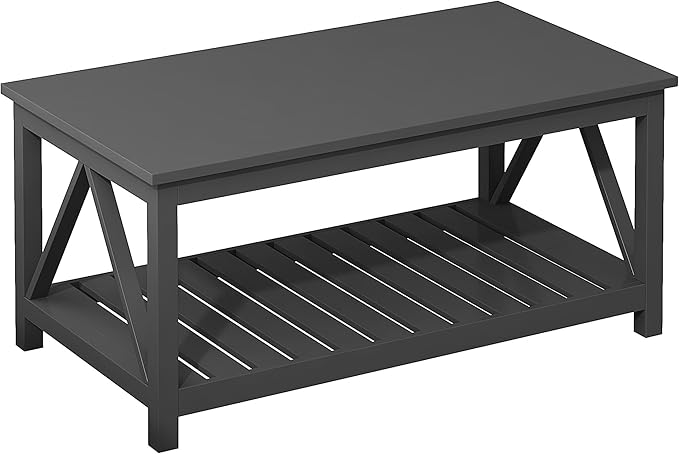 ChooChoo Coffee Table, Rustic Vintage Living Room Table with Shelf, 40 Pure Black