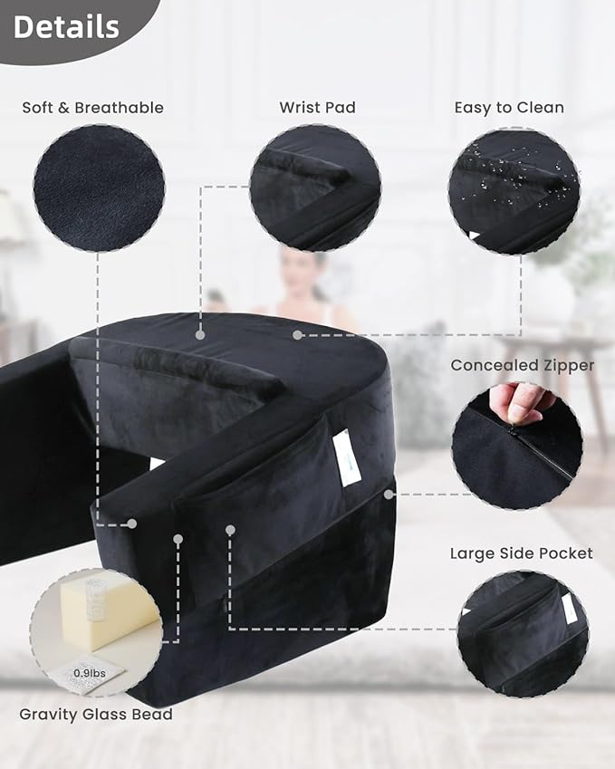 Weighted Idea Reading Pillow for Gaming, Extra Large Arm Rest Pillow for Adult,Lap Desk Pillow Gaming Pillow with 2 Side Pockets for Gaming, Reading, Working Sitting in Bed Floor Sofa (Black)