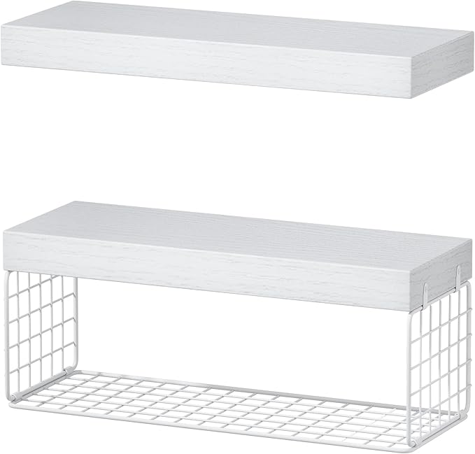 QEEIG White Bathroom Shelves Over Toilet Wall Mounted Floating Shelves Farmhouse Shelf Toilet Paper Storage Small 16 inch Set of 2 (019-W2)