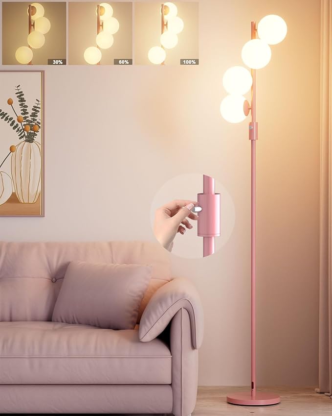 64IN Dimmable Pink Floor Lamp, Tall Standing Lamps with 4 Globe Soft Warm White Eye Care 3000K G9 Bulbs, Mid Century Modern Floor Lamp for Bedroom Office