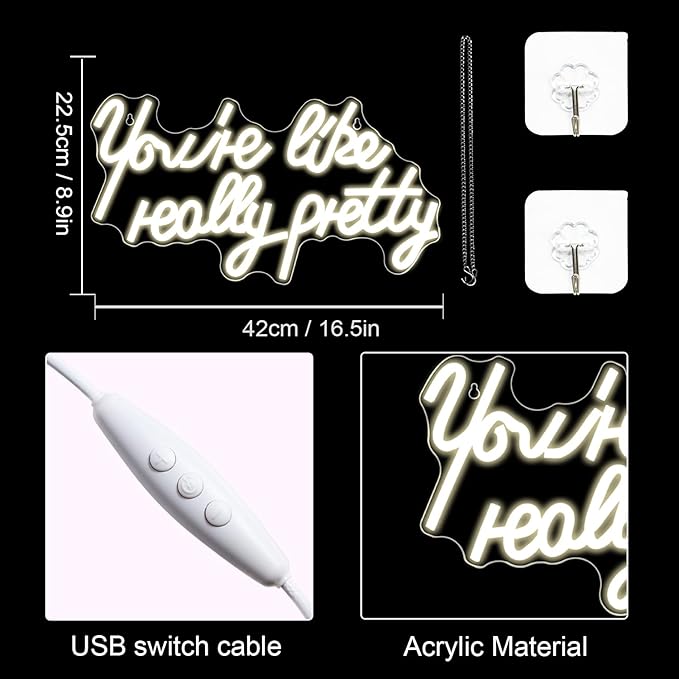 Lucunstar You're Like Really Pretty Neon Sign,Warm White Led Neon Light for Wall Decor,Light Up Sign for Wedding,Dimmable Switch USB Connectivity Neon Signs for Bedroom Decor,Party Light