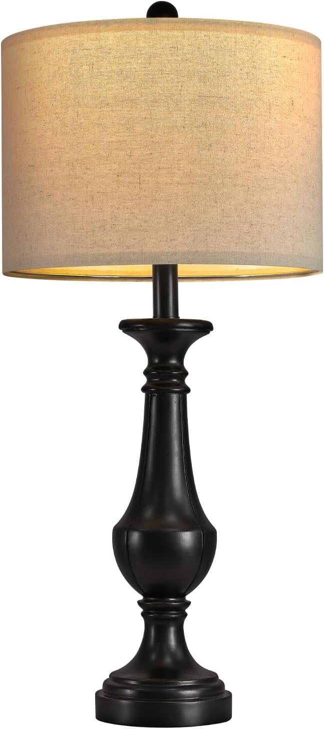 PoKat 27.5" Farmhouse Table Lamp for Living Room, Mid Century Tall Table Lamp for Bedroom, Bedside Lamps for Night Stands, Wood Bedroom Lamp for End Table, Traditional Lamp, Distressed Black