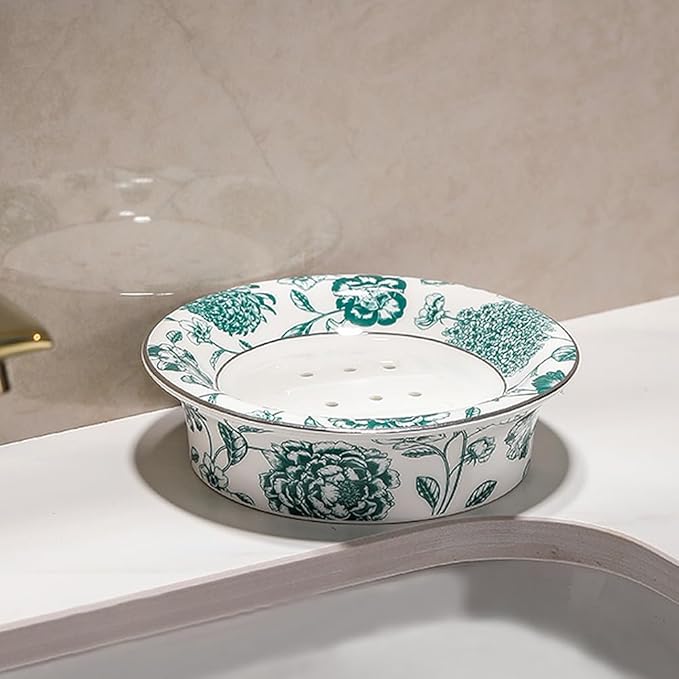 Floral Decorative Self Draining Soap Dish, Double-Layer Round Soap Tray, Vintage Ceramic Soap Dish (Style D)