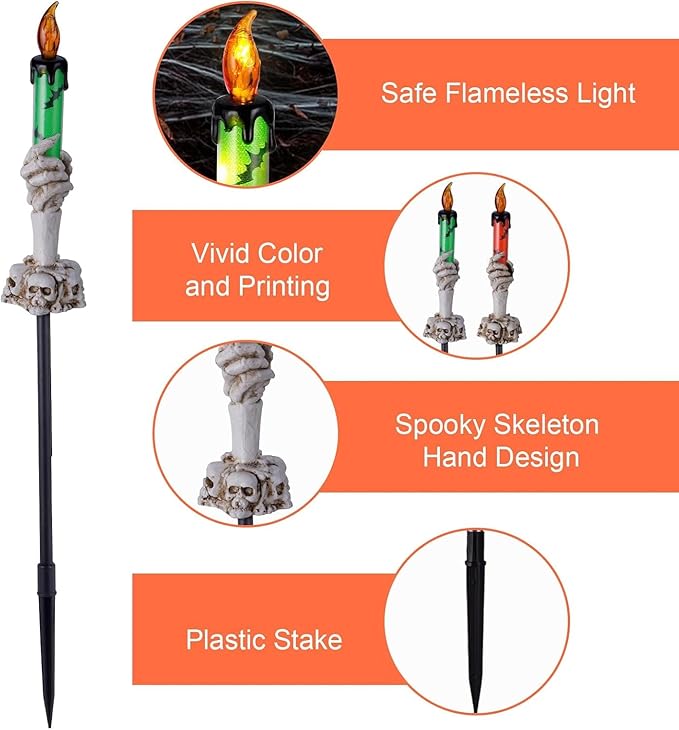 ILLUMINEW Halloween Pathway Lights, 5 Pack Candle Skull Hand Candle Holder, Waterproof Solar Halloween Led Lights, Indoor and Outdoor Party Home Garden Porch Decoration