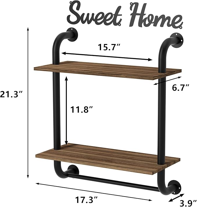 Bathroom Shelves Wall Mounted, Rustic Farmhouse Pipe Shelves, 2-Tier, Industrial Shelving, Floating Shelf Decor for Bathroom, Kitchen, Bedroom, Living Room 17.3 inch