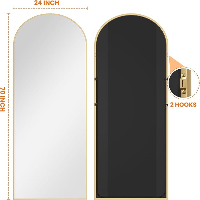 Full Length Mirror, 70"x24" Arched Standing Floor Full Body Mirror for Wall with Aluminum Alloy Frame for Bedroom, Living Room, Dressing Room(Gold)