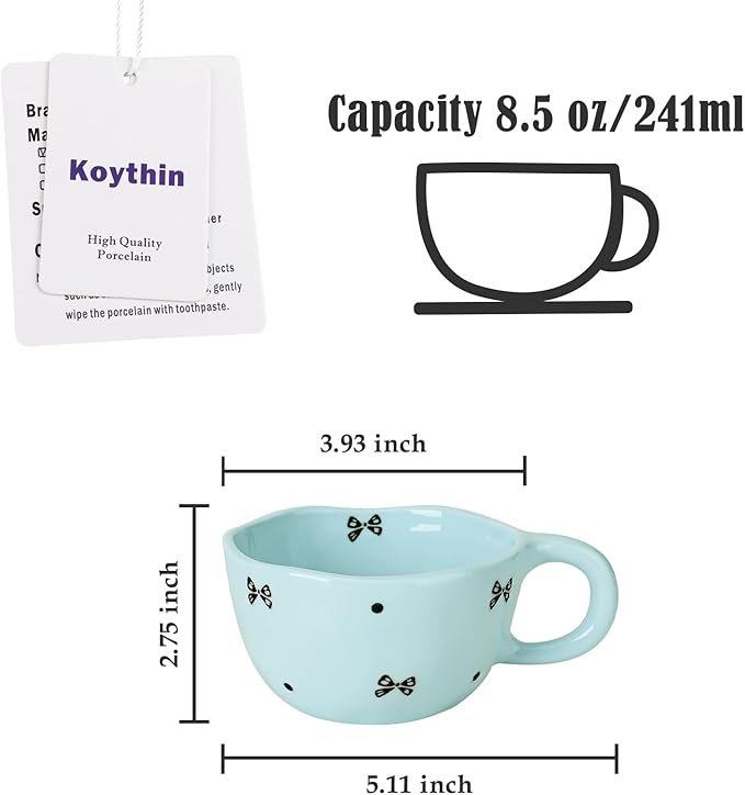 Koythin Ceramic Coffee Mug, Handmade Hot Chocolate Mugs, Cute Cup for Girl Women, Aesthetic Tea Milk Cup with Handle, 8.5 oz/250 ml for Latte, Cocoa, Office, Home (Blue Small Bow)