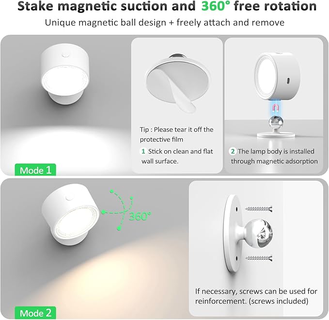 LED Wall Lights with Remote, 2 Pcs Rechargeable Wall Mounted Reading Sconces Lamp 3000mAh, 3 Colors & Dimmable Magnetic 360° Rotation Cordless Wall Lighting Spotlights for Bedroom Bedside Hallway