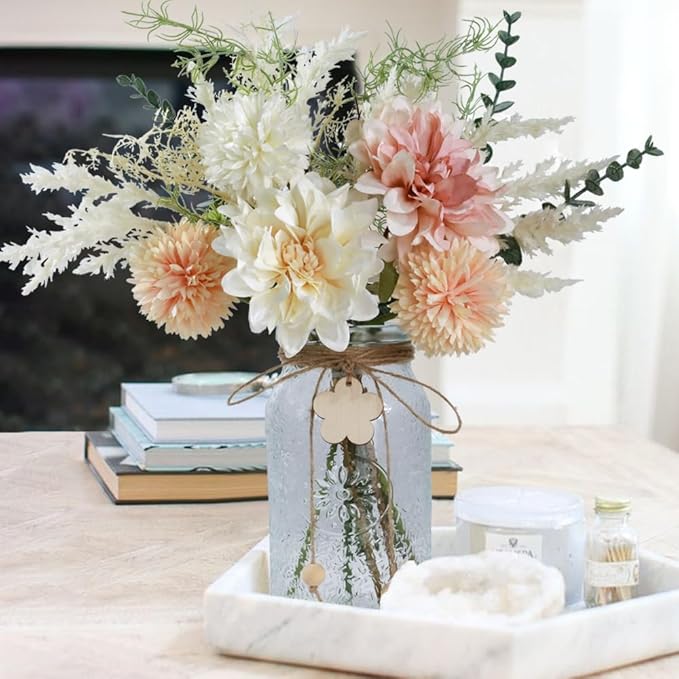 Silk Flowers with Vase, Artificial Flowers Arrangement with Glass Vase Faux Dahlia for Decoration Table Centerpiece (Dahlia White Pink)
