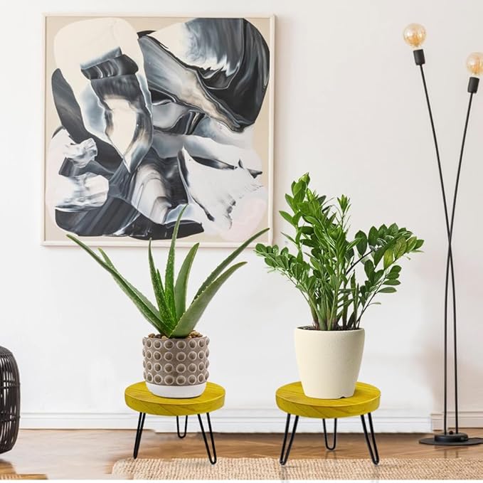 OBTAIN Plant Stand Indoor Outdoor, Wooden plant Stool, Mid Century Plant Stand for Indoor Plants, Wood Modern Plant Holder Rattan Flower, Low Short Boho Rustic Planter Stand Fit 5-15 Inch Pot(M, L)