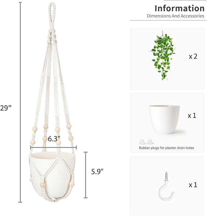 Mkono Fake Hanging Plant with Pot, Artificial Plants for Home Decor Indoor Macrame Plant Hanger with Fake Vines Greenery for Bedroom Bathroom Kitchen Office Decor, Ivory (Pothos)