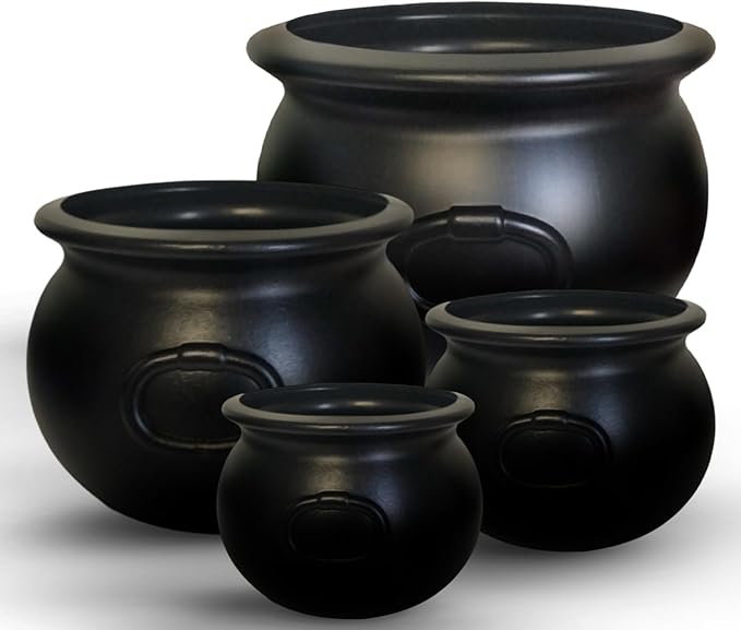 PMU 4 Pc 16" 12" 8" 6" Inch Halloween Black Cauldron Kettle, Halloween Black Plastic Witch Cauldron Kettle, Halloween Party Decorations, Halloween Decorations Indoor & Outdoor