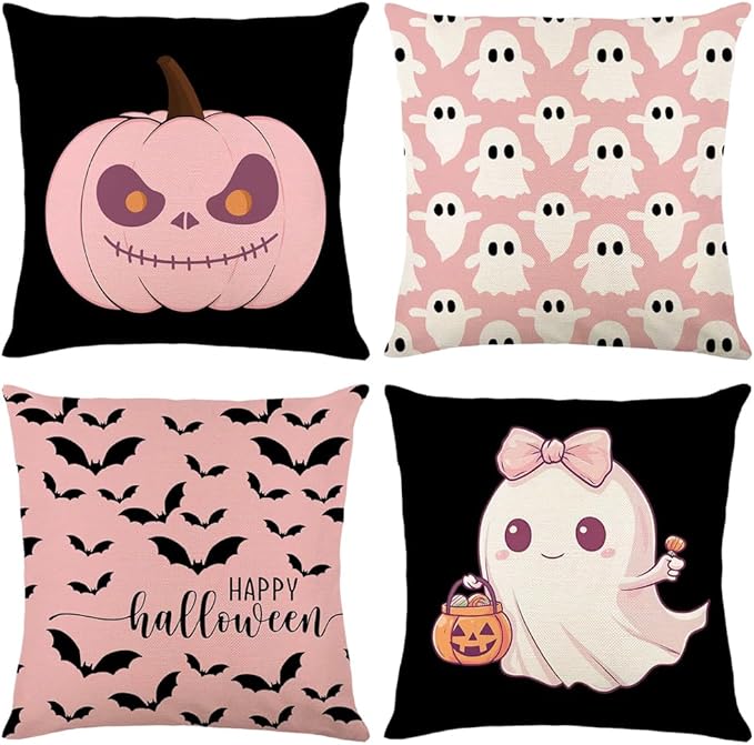 Halloween Pillow Cover 20x20 Inch Set of 4 Black White Skeleton Crow Spider Throw Pillow Covers Indoor Outdoor Farmhouse Decorative Pillow Case Halloween Home Sofa Bed Living Room Couch Decor
