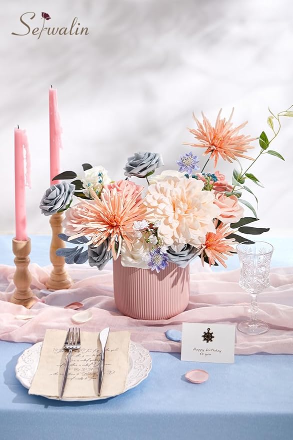 Serwalin Artificial Flowers, Blue Pink Wedding Flowers Fake Silk Flowers for DIY Wedding Bridal Bouquets Arrangements Baby Shower Home Cake Decor