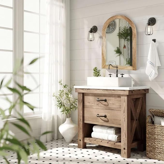 LOSOUR Arched Mirror, Farmhouse Decor Solid Wood Frame Wall Mirror, Bathroom Mirrors, Large Vintage Mirror for Bathroom, Living Room,Bedroom, Entryway, Hallway,Foyer (Brown, 20inch*30inch)