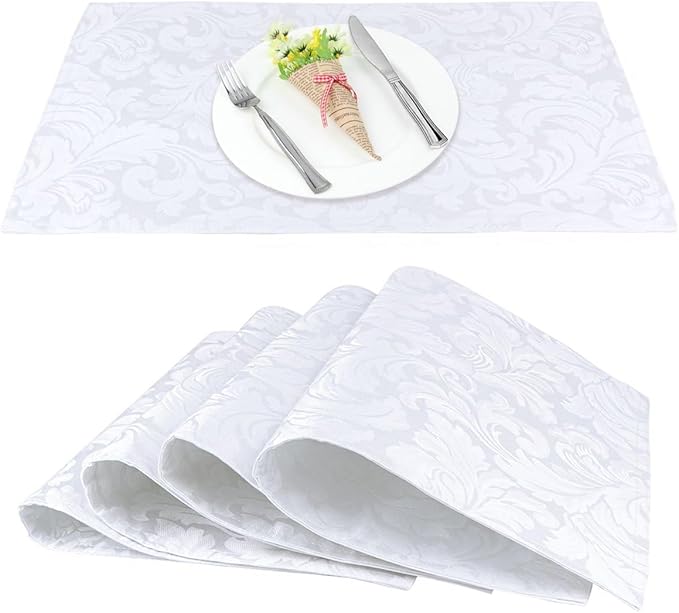 ColorBird Scroll Damask Jacquard Placemats Set of 4, Heat Resistant Washable White Placemats for Dining Table, Microfiber Fabric Table Mats, 13 x 19 Inch