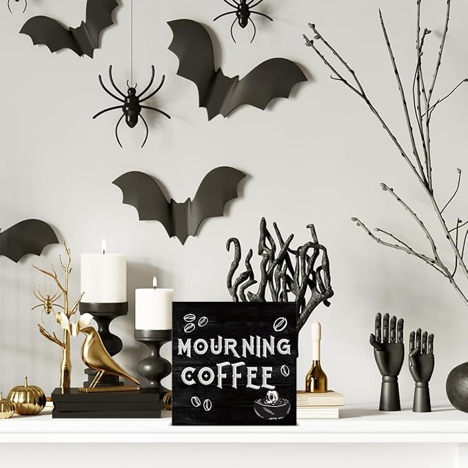 Halloween Decorations, Mourning Coffee Wooden Sign Decor Desk Sign Gothic Home Wooden Block Sign Halloween Kitchen Decor for Table Shelf 5 x 5 Inch
