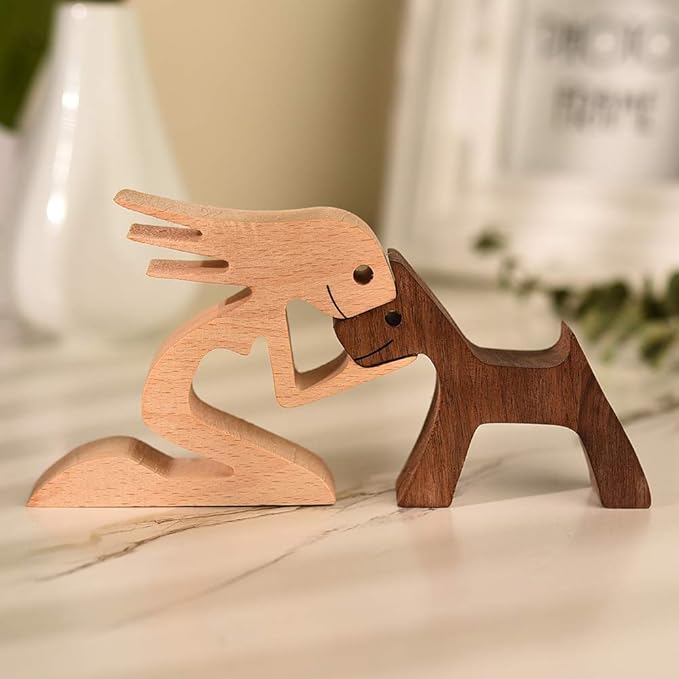 Unique Gift Hand Carved Wood Dog Human Statue Figurine Sculpture Home Office Décor, Wooden Man Dog Carving Model to Remember Friendship Between Dog and People (F)