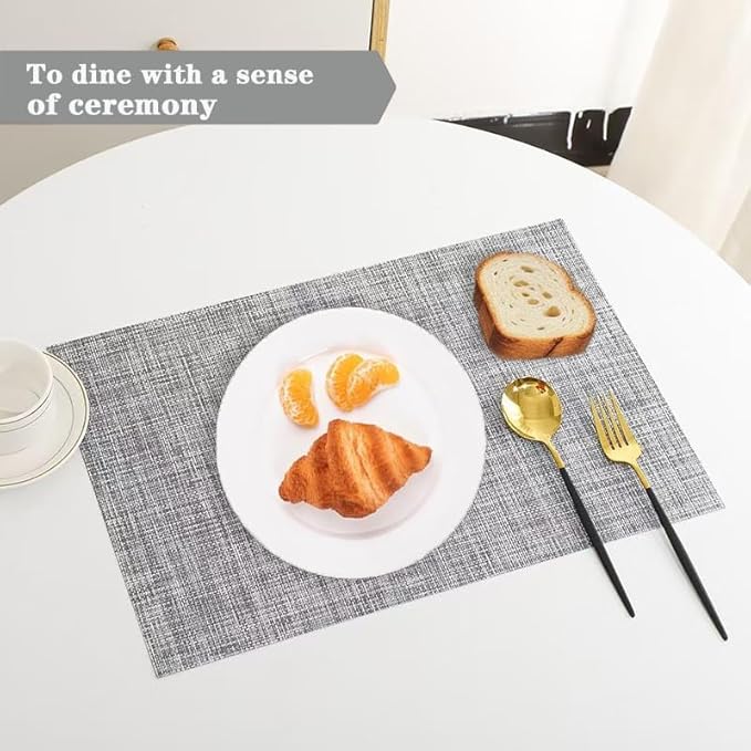 Grey Placemats Set of 4 - Heat Resistant Non-Slip Place mats for Dining Table, Washable Durable PVC Vinyl Woven Table Mats (Grey, 4)