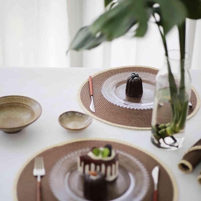 Noctiflorous Round Braided Placemats Set of 8 Table Mats 15 Inches Washable Heat Resistant for Dining Table Non-Slip Indoor Outdoor Place Mats for Easter(01 Coffee Brown 8)