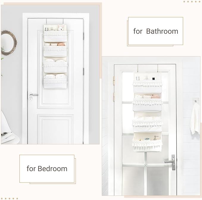 Dahey Over The Door Organizer Boho Nursery Storage Decor Closet Hanging Organizer with Tassels Decoration for Bedroom Nursery Bathroom Apartments Dorm Pantry, 4 Pockets, White