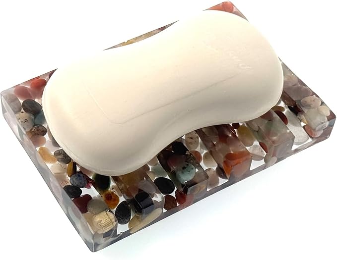 Handmade River Rock Rectangle Bar Soap Holder Stone Pebbles Soap Dish for Shower and Bathroom Decor, Natural Soap Tray to Keep The Soap Dry Resin Kitchen Decoration (Various Agate Drainage)
