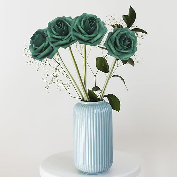 Artificial Flowers Roses Real Looking Foam Fake Roses with Leaves and for DIY Wedding Bouquets Bridal Shower Centerpieces Party Decorations (Peacock Green, 100)